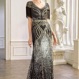 Flapper Dress 1920s V-Neck Evening Gown Sequin Beaded Maxi Dress